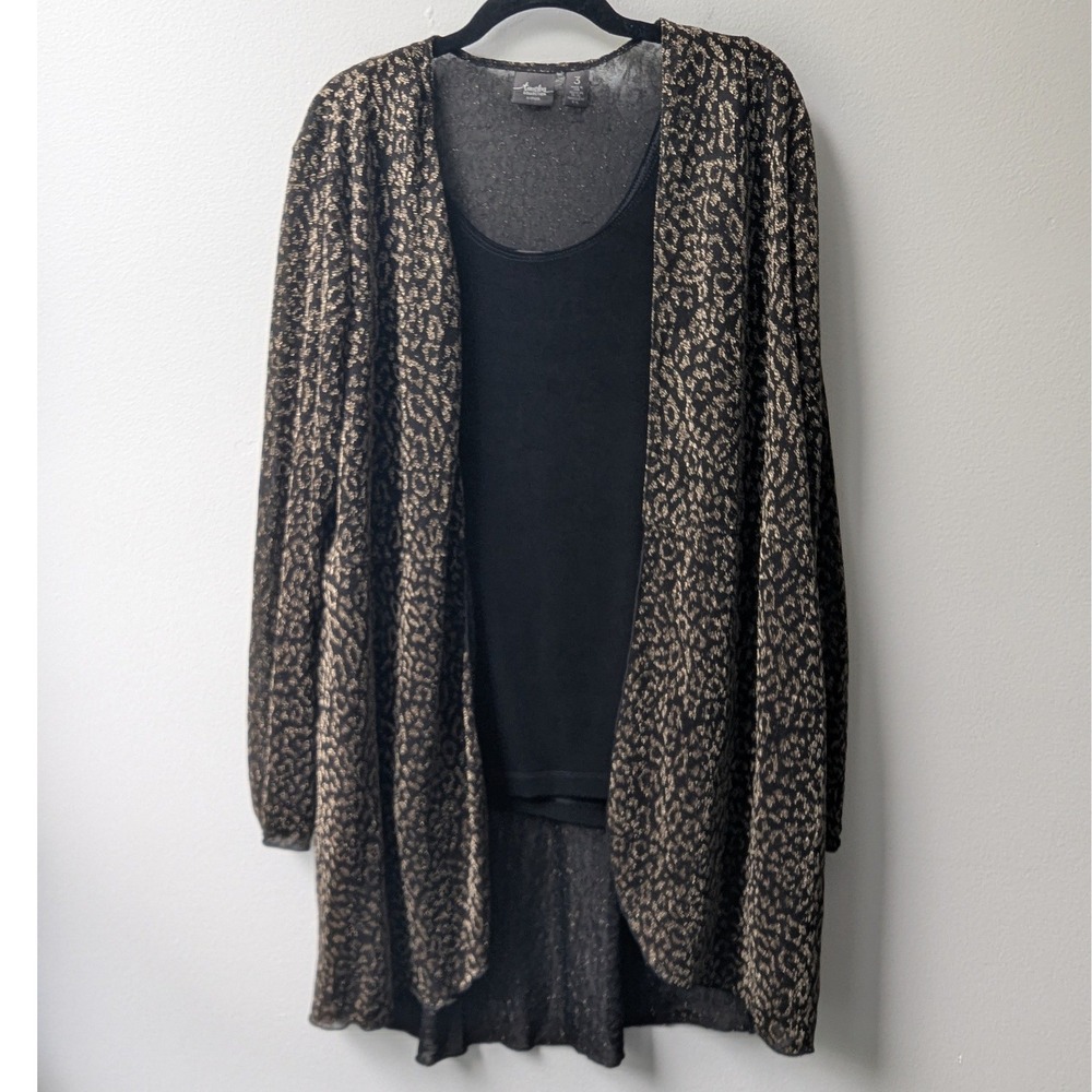 Chico's Travelers Cardigan Set Black Gold Metallic Leopard Print Sheer Sz 3/ XL